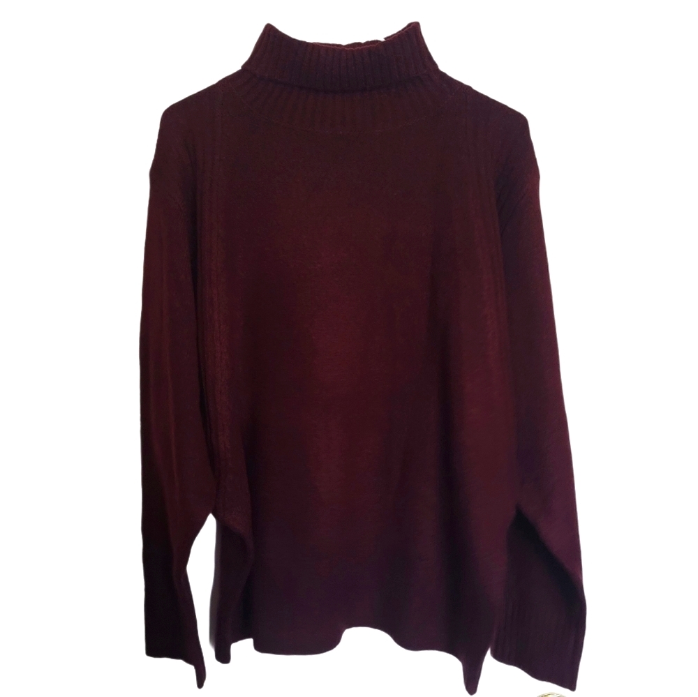 Burgundy Ribbed Trim Turtleneck Sweater